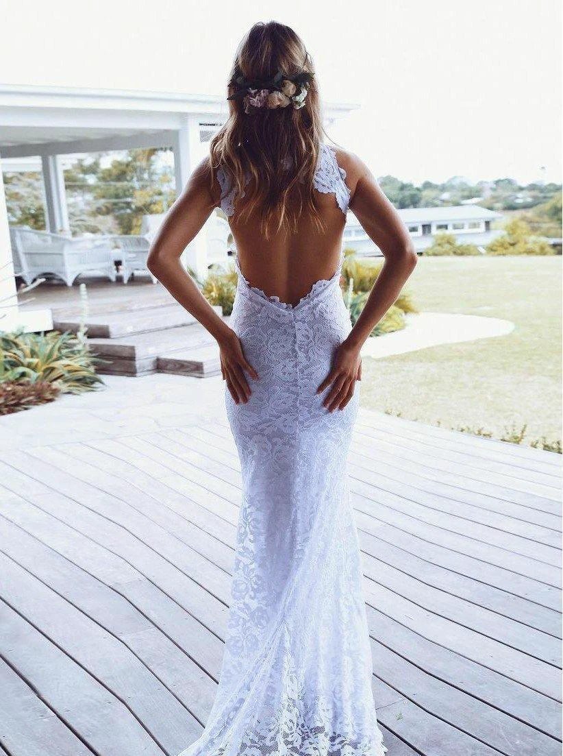 Sheath High Neck Sweep Train Open Back Lace Wedding Dress with Split (ZD15342) - View 5 | VelvetHem