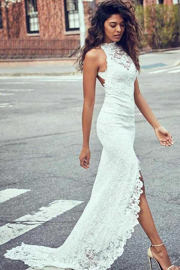 Sheath High Neck Sweep Train Open Back Lace Wedding Dress with Split (ZD15342)