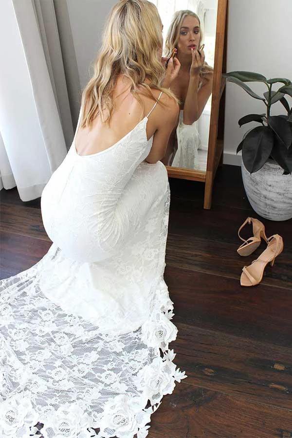 Sheath Lace Backless Scoop Sleeveless Split Court Train Wedding Dress (ZD16048)