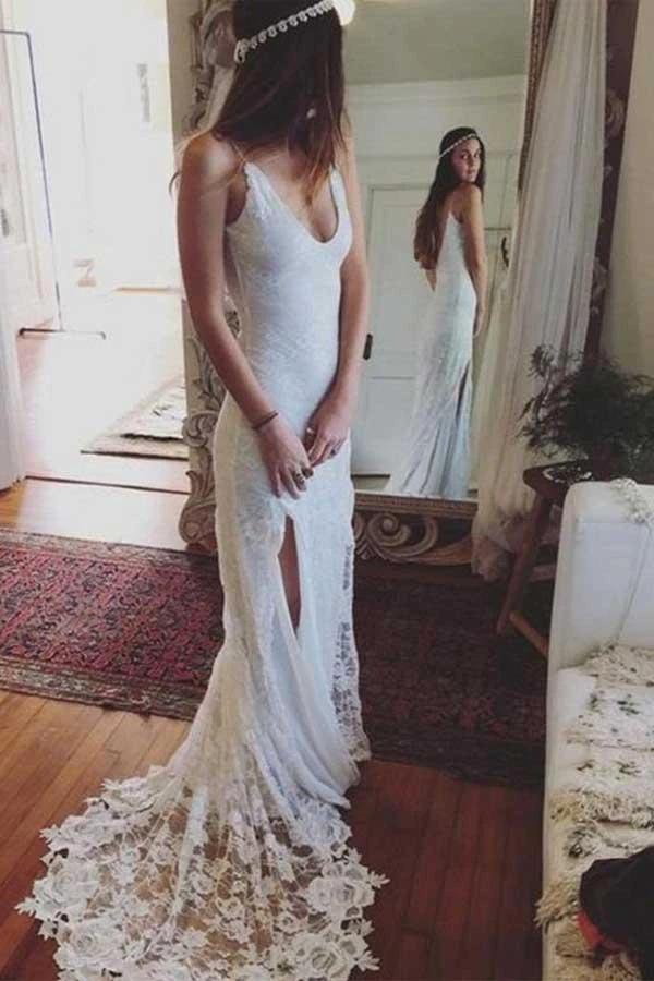 Sheath Lace Backless Scoop Sleeveless Split Court Train Wedding Dress (ZD16048)