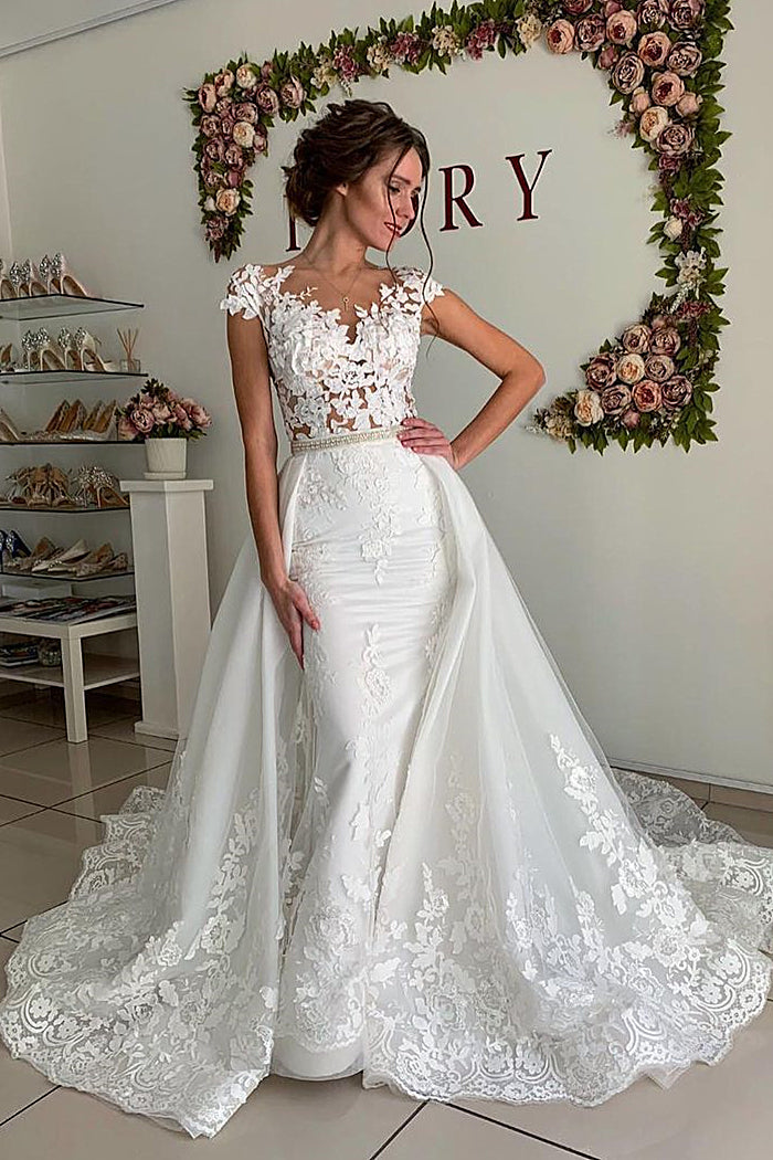 Sheath Portrait Floor-Length Tulle Crochet Flower Applique Wedding Dress