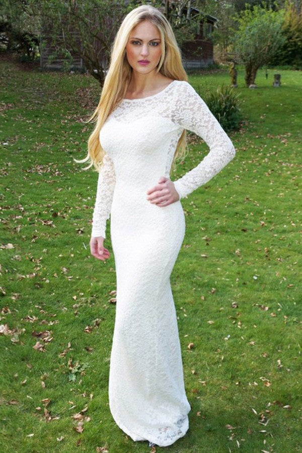 Sheath Round Collar Long Sleeves Backless Floor-Length Lace Crochet Flower Evening Dress