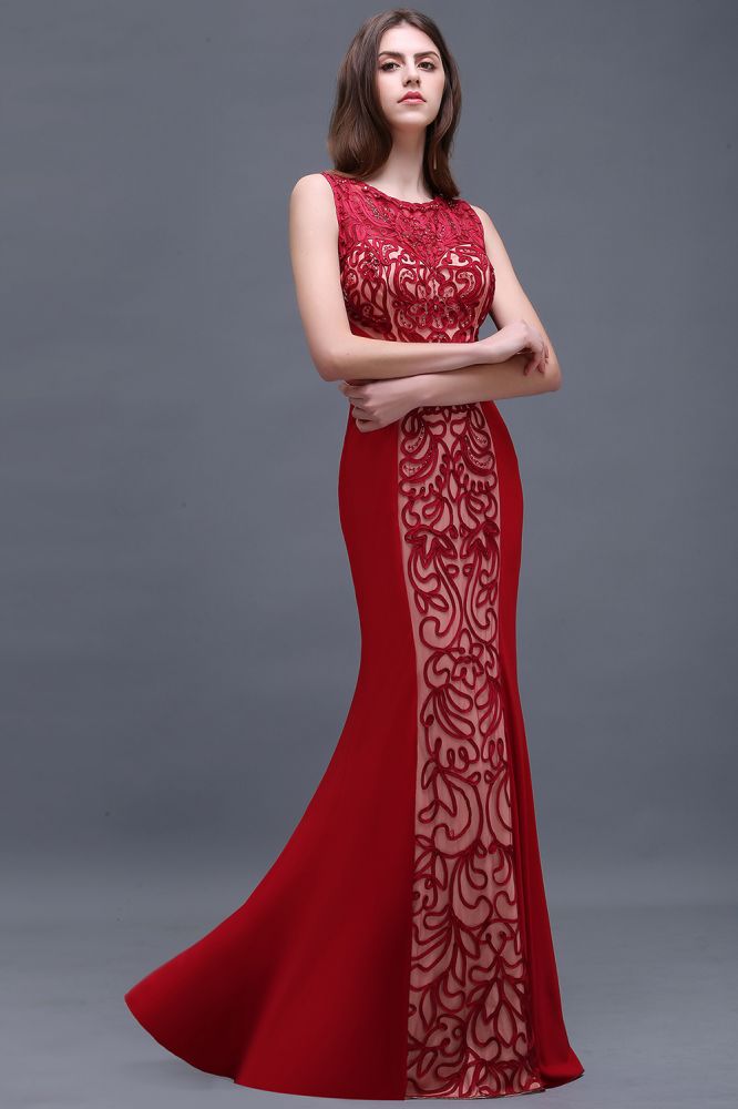 Sheath Round Neck Applique Floor-Length Burgundy Prom Dressses - VelvetHem