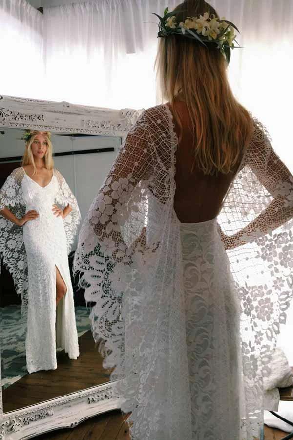 Sheath Scoop Backless Lace Wedding Dress with Split Wraps (ZD16047)