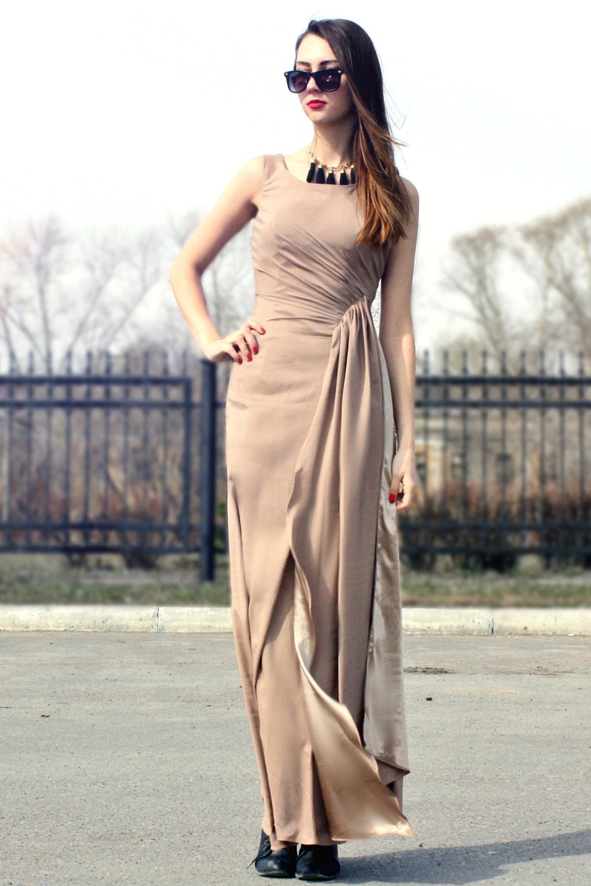 Sheath Small Round Collar Floor-Length Chiffon Evening Dress