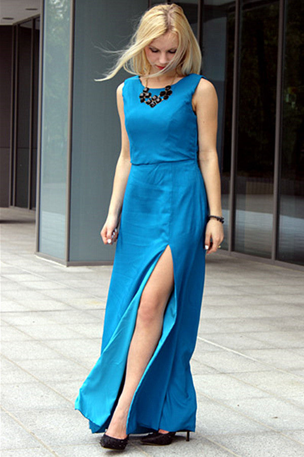 Sheath Small Round Collar Front Slit Floor-Length Chiffon Evening Dress