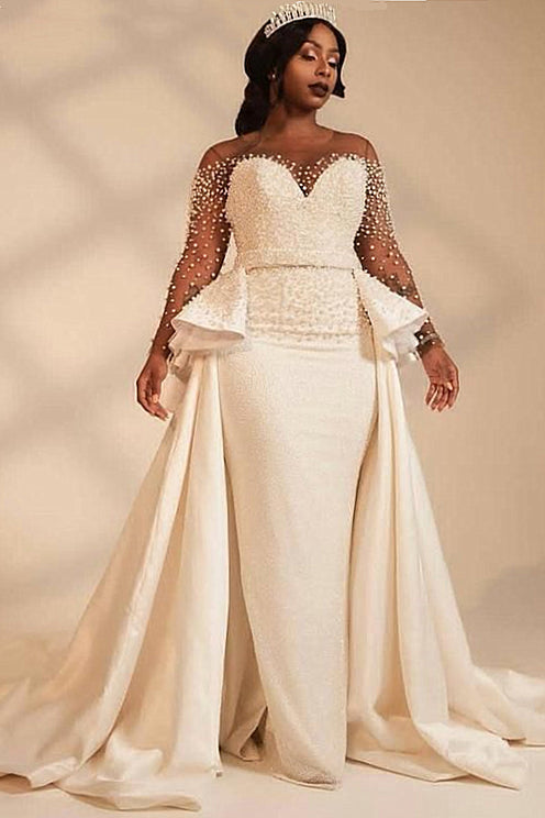 Sheath Sweetheart Floor-Length Chiffon Wide Hem Beaded Wedding Dress