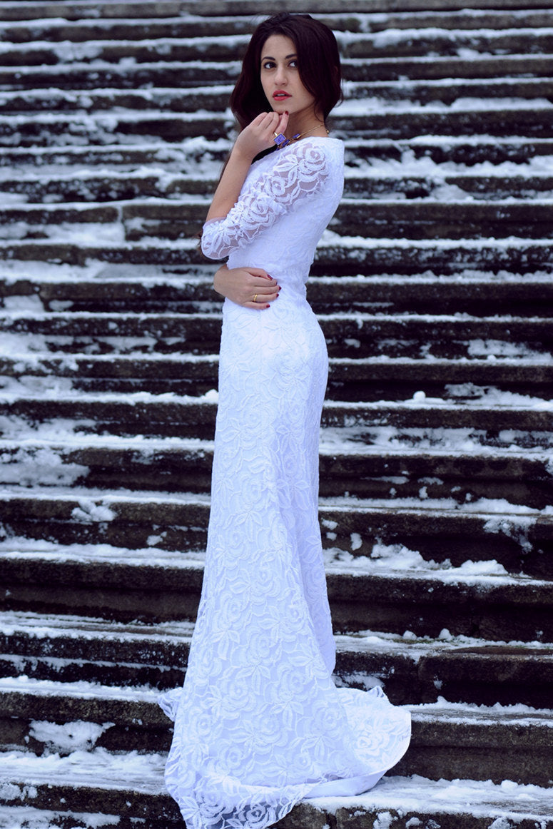Sheath V-Neck Floor-Length Tulle Applique Lace Wedding Dress