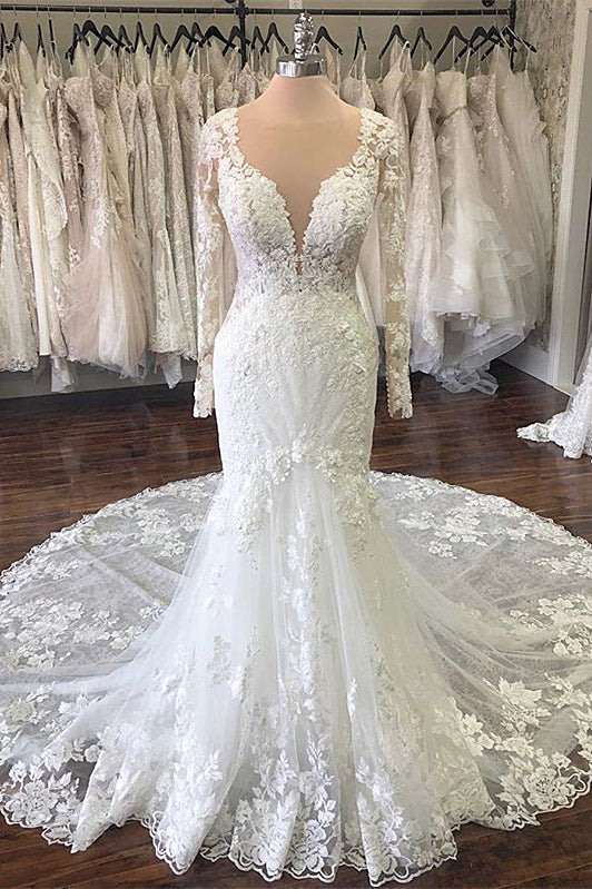 Sheath V-Neck Floor-Length Tulle Applique Wedding Dress