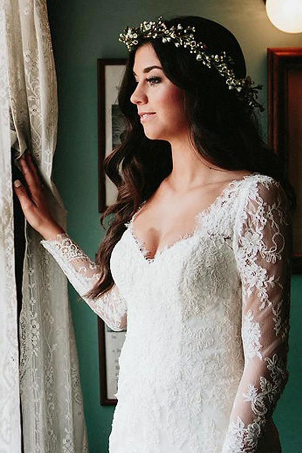 Sheath V-Neck Long Sleeves Backless Tulle Wedding Dress with Appliques (ZD16263)