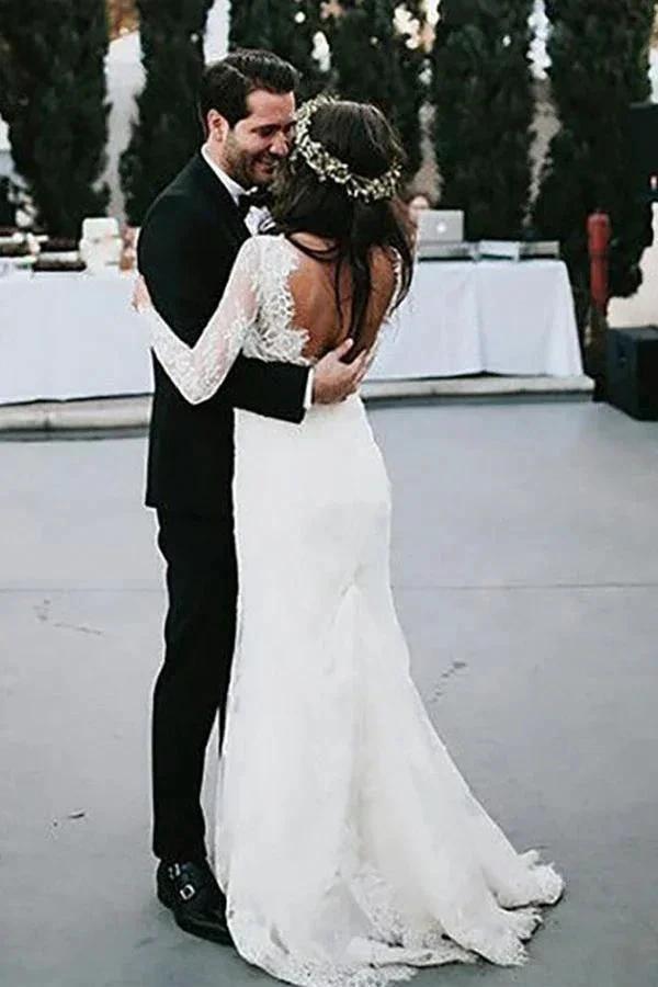 Sheath V-Neck Long Sleeves Backless Tulle Wedding Dress with Appliques (ZD16263)