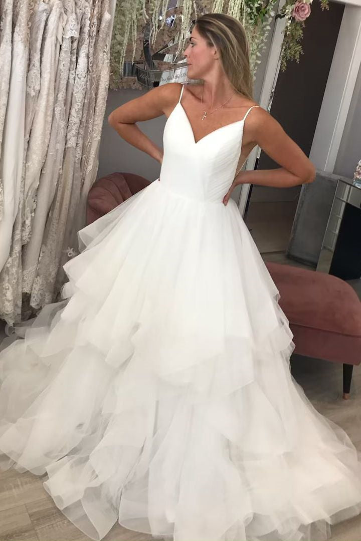 Sheath V-Neck Spaghetti Strap Floor-Length Backless Tulle Applique Wedding Dress