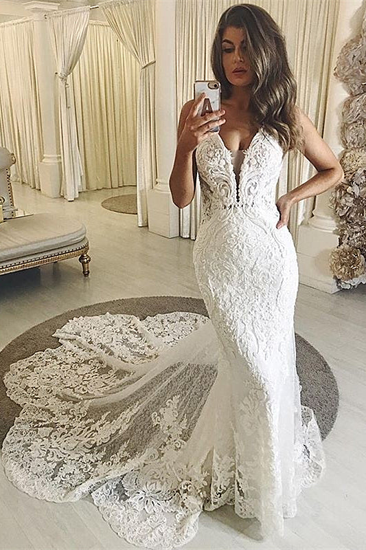 Sheath V-Neck Spaghetti Strap Floor-Length Tulle Applique Wedding Dress