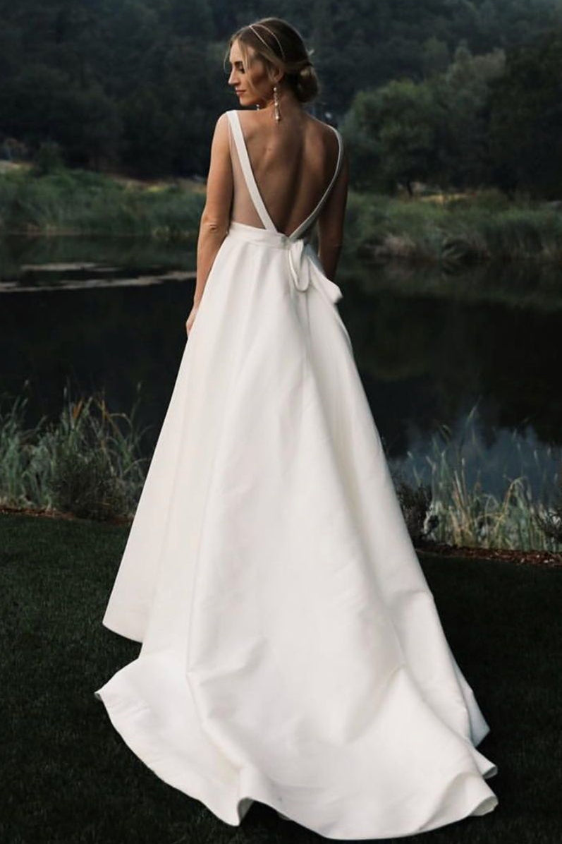 Sheath V-Neck Wide Strap Floor-Length Backless Chiffon Wedding Dress