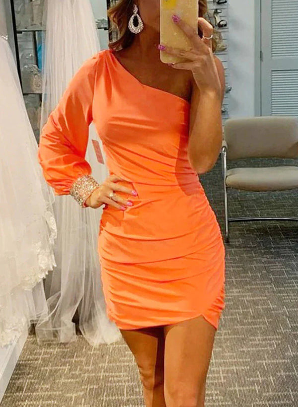 Sheath/Column One-Shoulder Long Sleeves Short/Mini Satin Homecoming Dresses