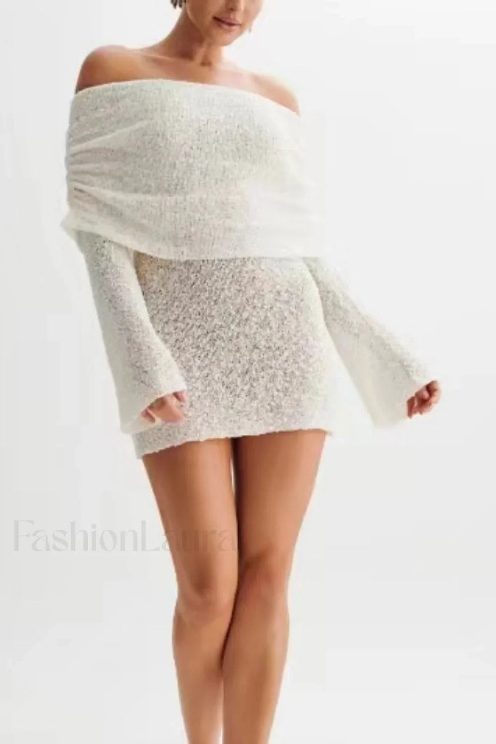 Sheer Long Sleeve Off Shoulder Knit Work Dress White / S