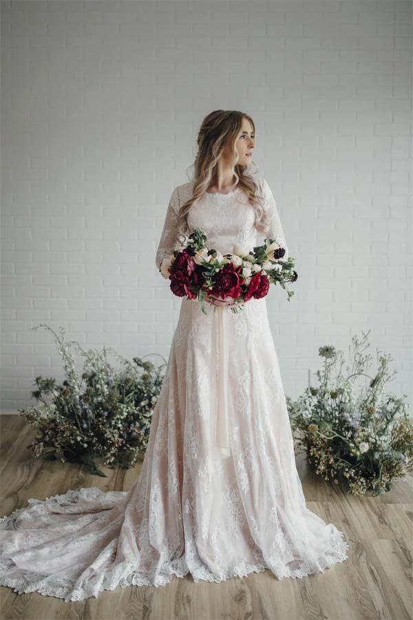Sheer Long Sleeves Lace Modest Bride Dress Wedding Gown (ZD16262)