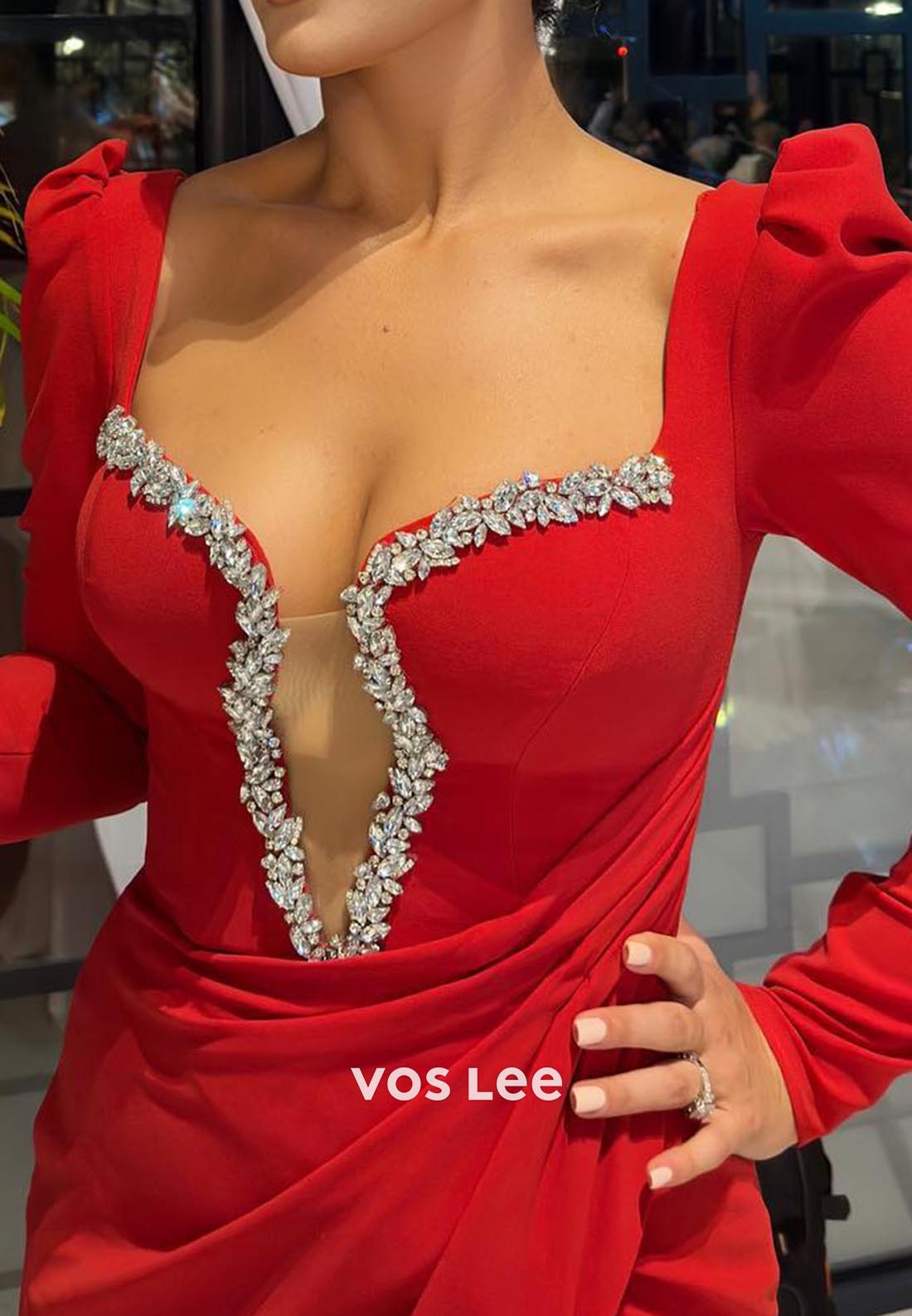 Red V Neck Floor-Length Long Sleeve high Split Formal Dresses