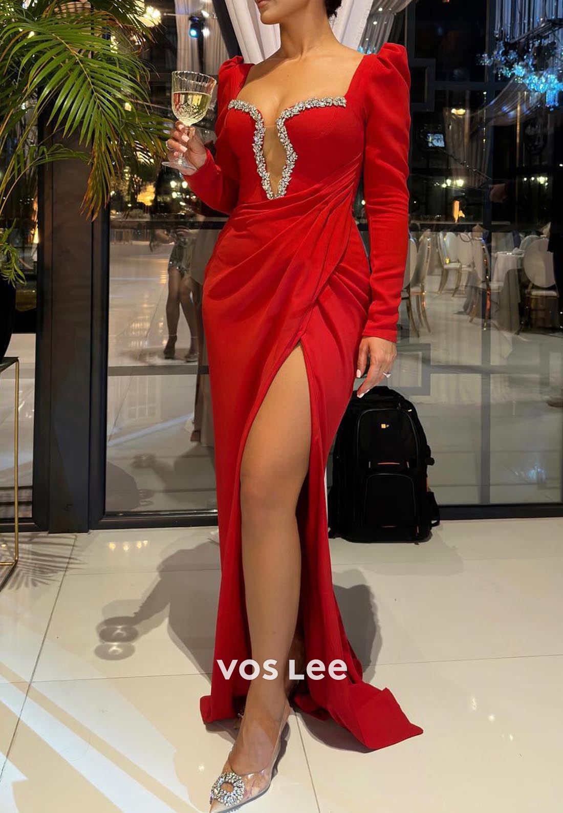 Red V Neck Floor-Length Long Sleeve high Split Formal Dresses