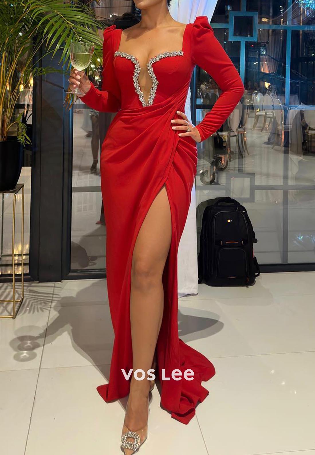 Red V Neck Floor-Length Long Sleeve high Split Formal Dresses