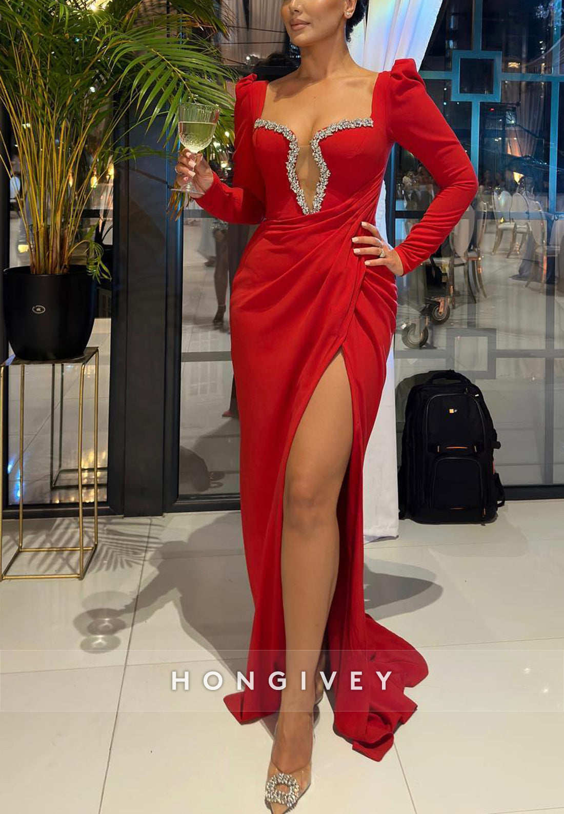 Red V Neck Floor-Length Long Sleeve high Split Formal Dresses