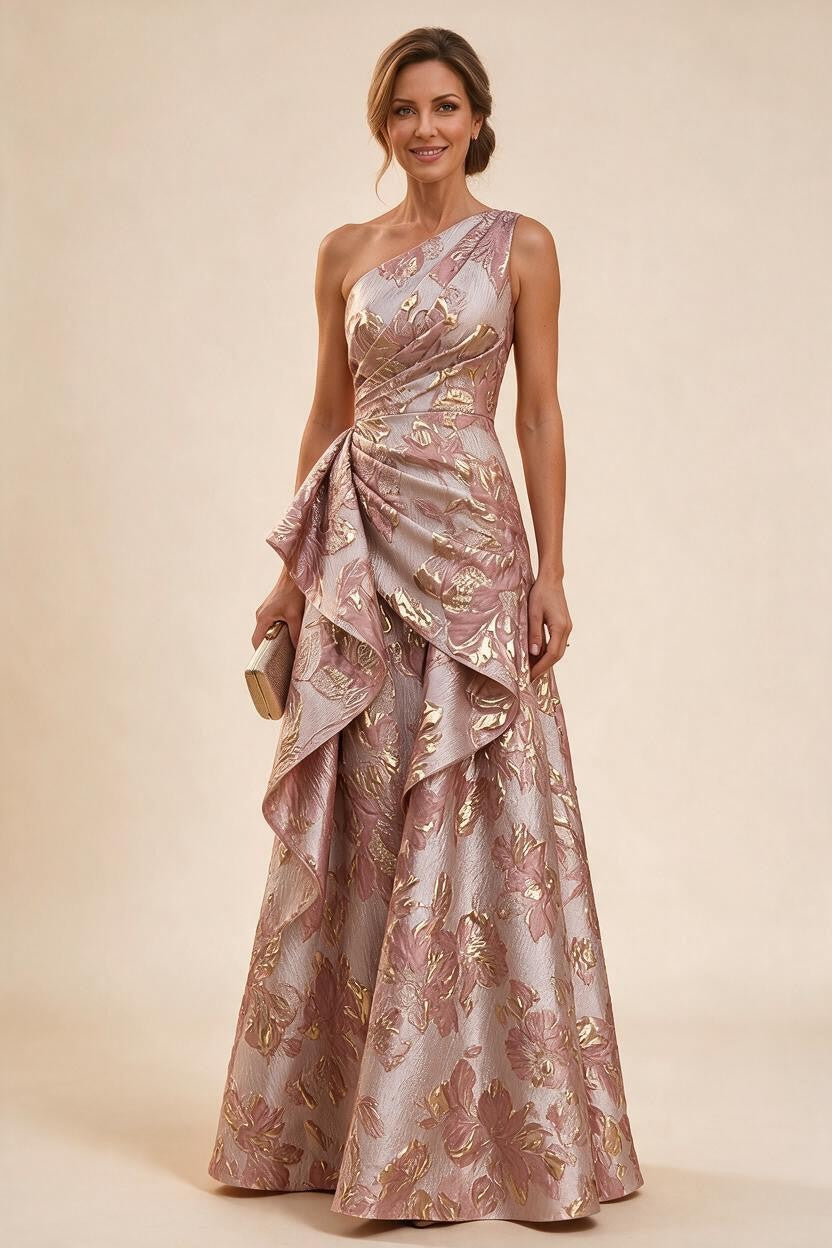 Floral Print One Shoulder A-Line Evening Gown with Ruffles | ZapDress