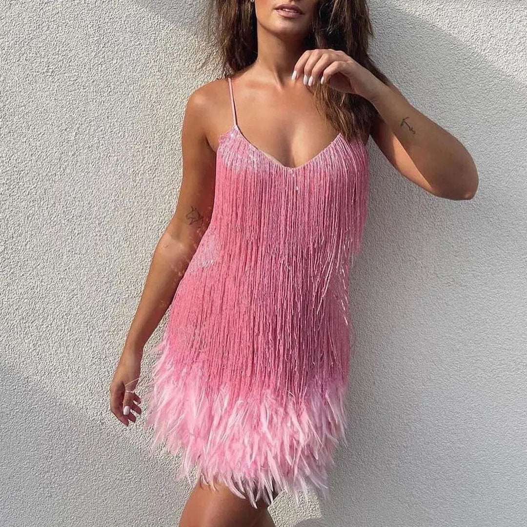 Shimmery Scoop Neck Sequin Fringe Feather Slip Flapper Mini Dress - Pink - Fashionpara