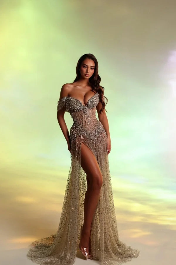 Shining Sweetheart Off-The-Shoulder V-Neck A-Line Prom Dress High Split Gem
