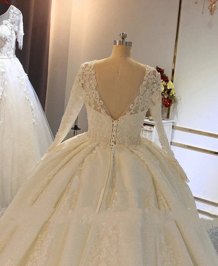 Shinny Long A-line Full Beading Lace-Up Wedding Dresses with Sleeves (ZD14393) - View 2 | VelvetHem