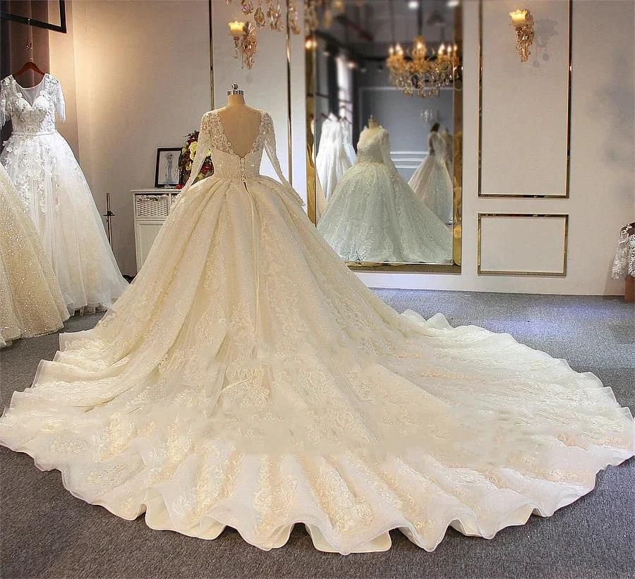 Shinny Long A-line Full Beading Lace-Up Wedding Dresses with Sleeves (ZD14393) - View 3 | VelvetHem