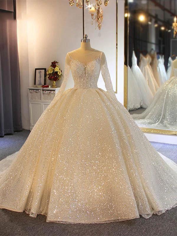 Shinny Long Ball Gown Sweetheart Sparkling Wedding Dresses with Sleeves (ZD15887)