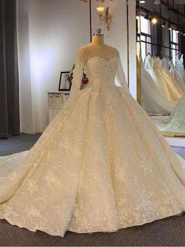 Shinny Long Ball Gown Sweetheart Tulle Lace Wedding Dresses with Sleeves (ZD15874)