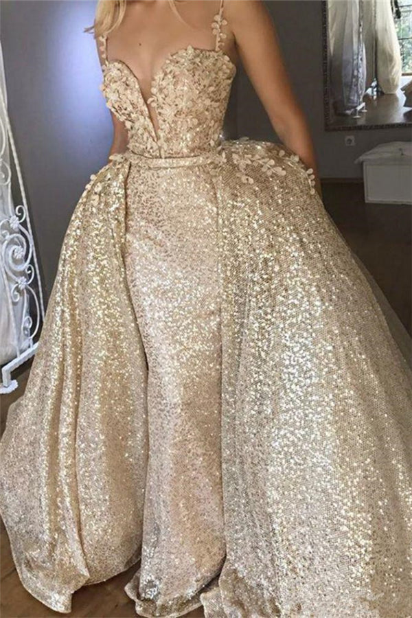 Shiny Champagne Sequins V-Neck Spaghetti Straps Appliques Prom Dresses With Detachable Skirt