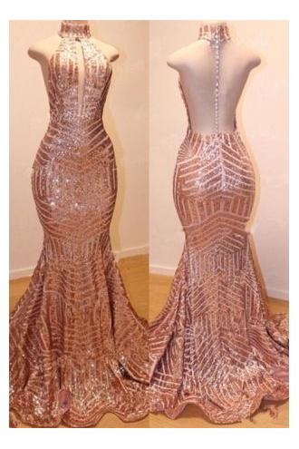 Shiny High Neck Sleeveless Sequins Mermaid Prom Dresses