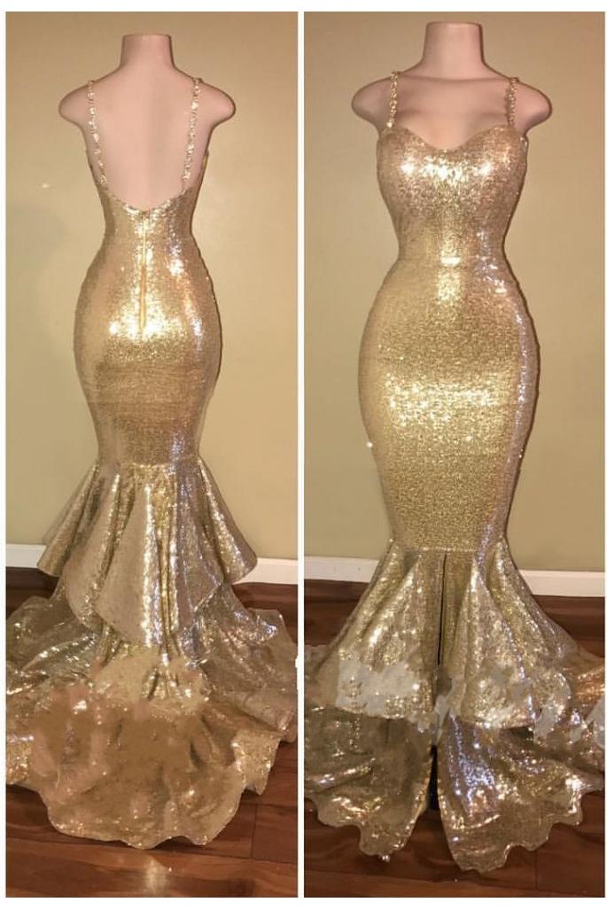 Shiny Sequins Mermaid Spaghettis-Straps Layers-Train Gold Prom Dresses