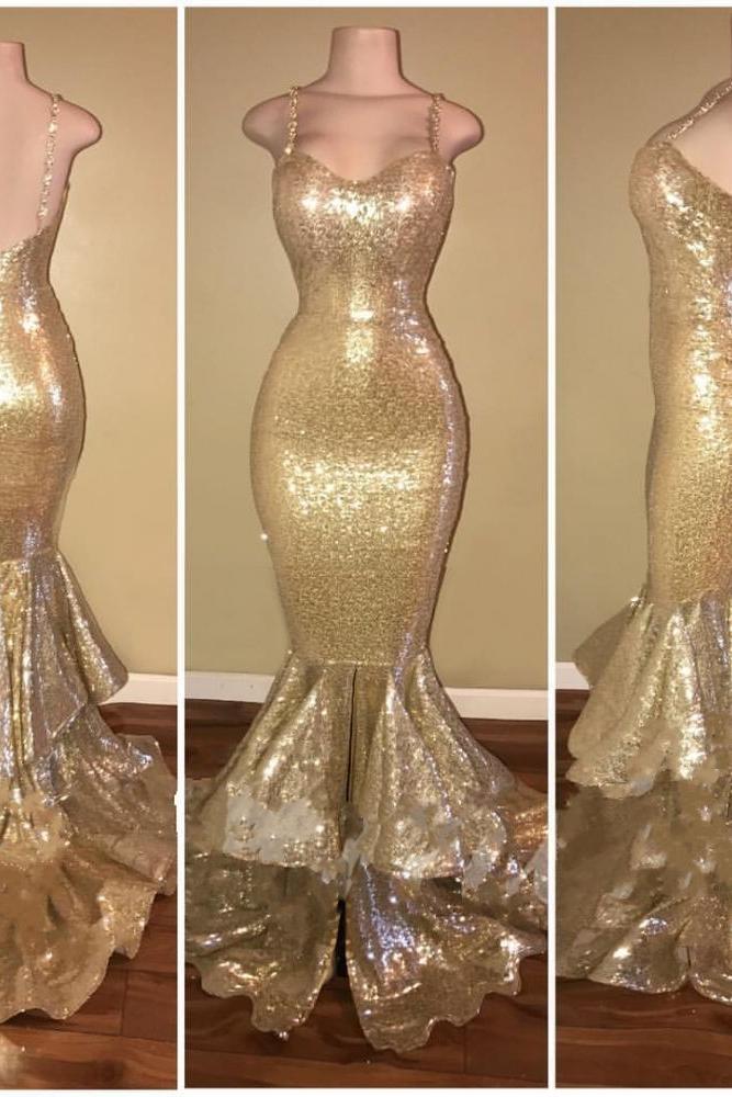 Shiny Sequins Mermaid Spaghettis-Straps Layers-Train Gold Prom Dresses