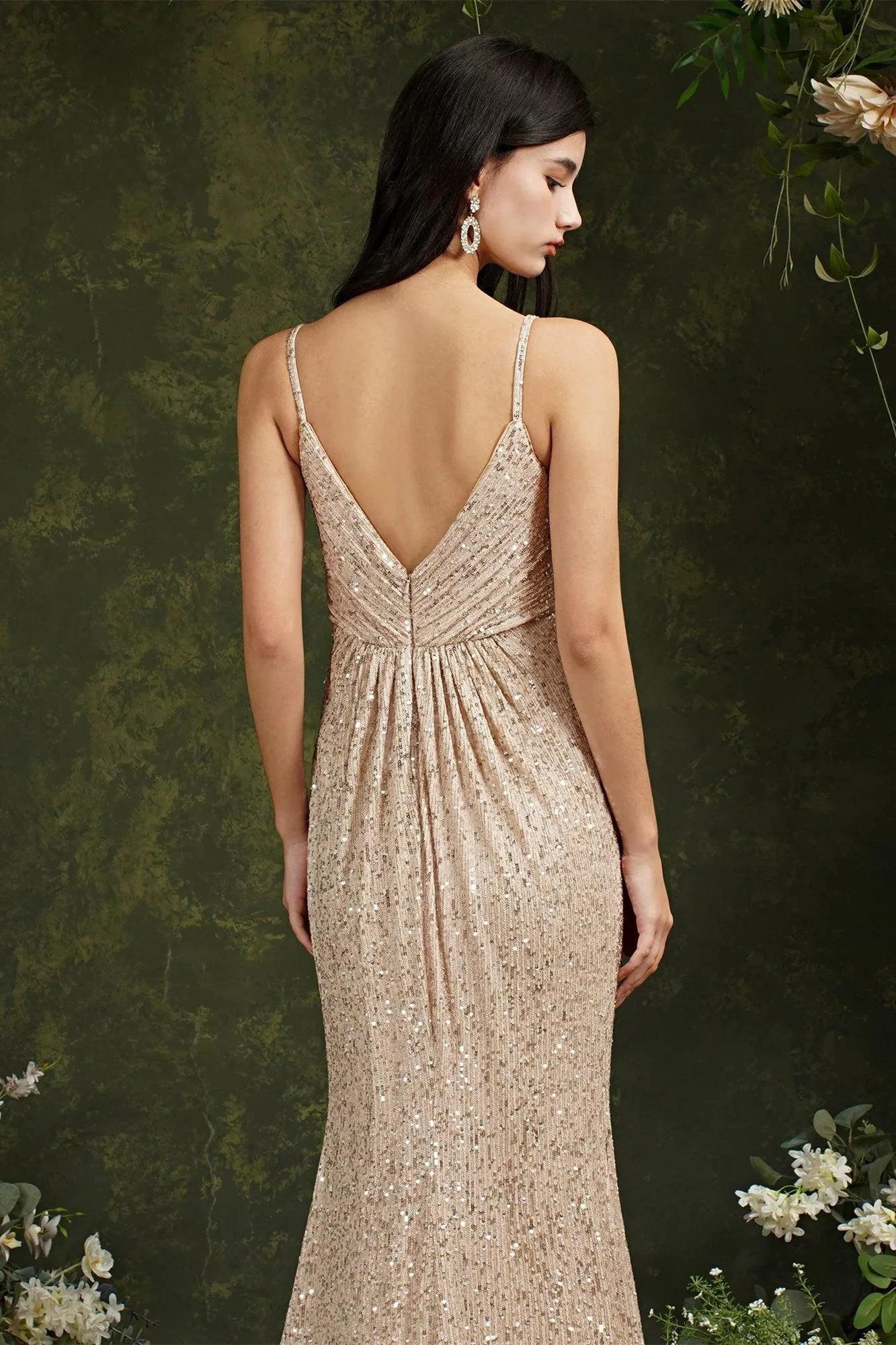 Shiny Sequins Spaghetti Straps V-neck Floor-length Mermaid Bridesmaid/Prom Dress (ZD13148)