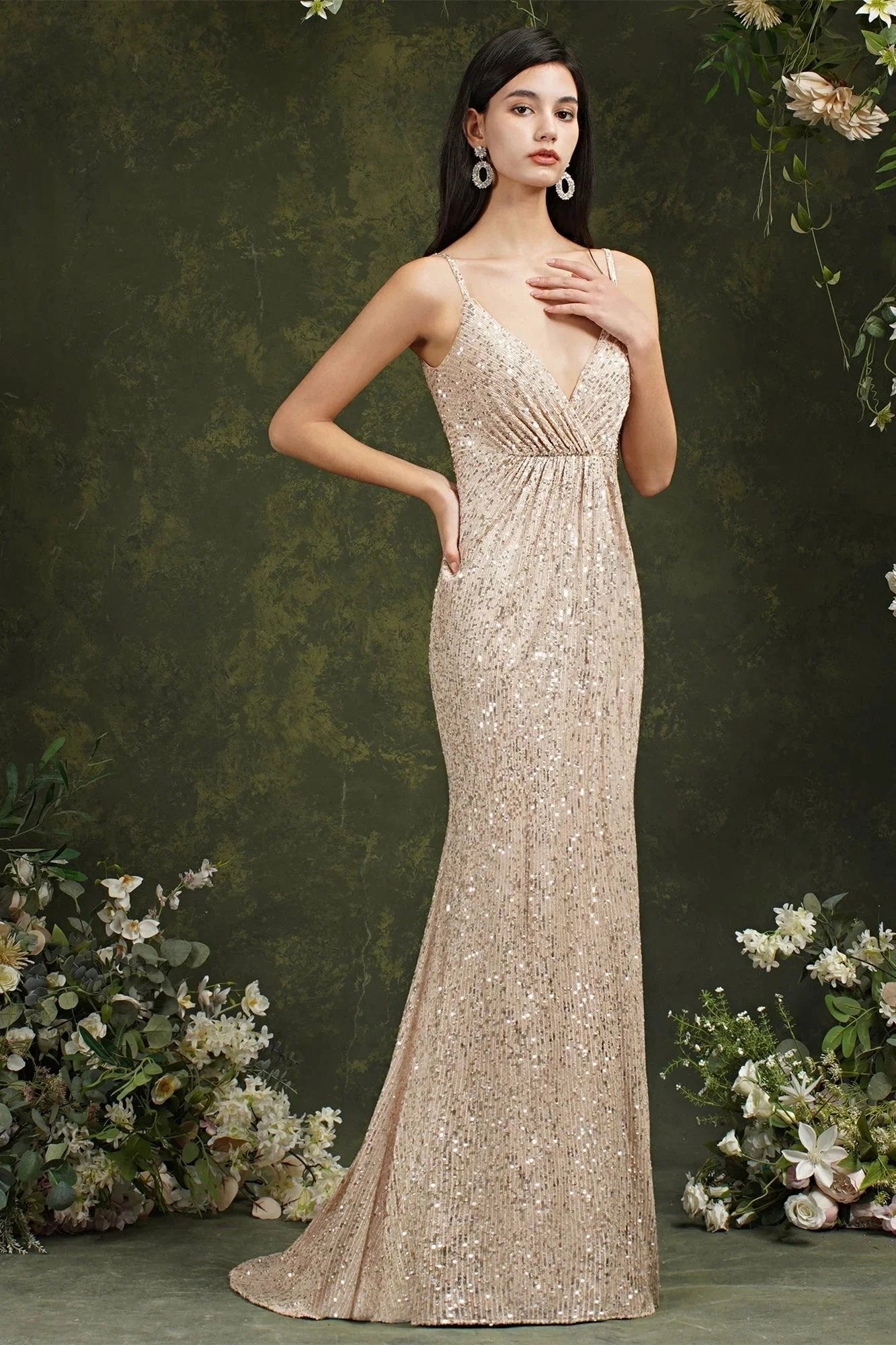 Shiny Sequins Spaghetti Straps V-neck Floor-length Mermaid Bridesmaid/Prom Dress (ZD13148)