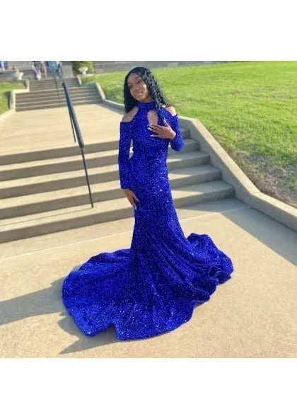 Shiny Sequins Mermaid Prom Dresses Long Sleeves Formal Evening Gown Off the Shoulder Women Special Occasion Dress