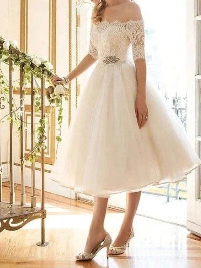 Short A-Line Off Shoulder Lace Tulle Wedding Dresses with Sleeves (ZD14406)