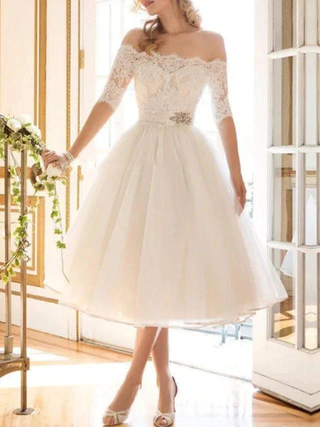 Short A-Line Off Shoulder Lace Tulle Wedding Dresses with Sleeves (ZD14406)