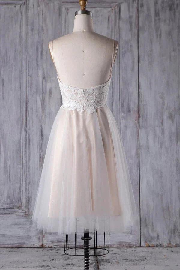 Short A-line Spaghetti Strap Lace Tulle Wedding Dress (ZD14375)