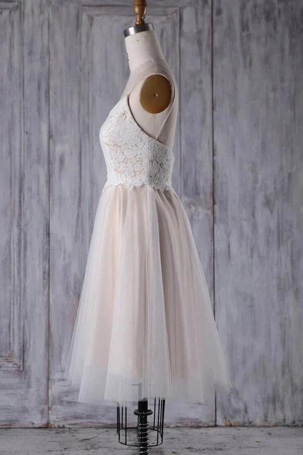Short A-line Spaghetti Strap Lace Tulle Wedding Dress (ZD14375)