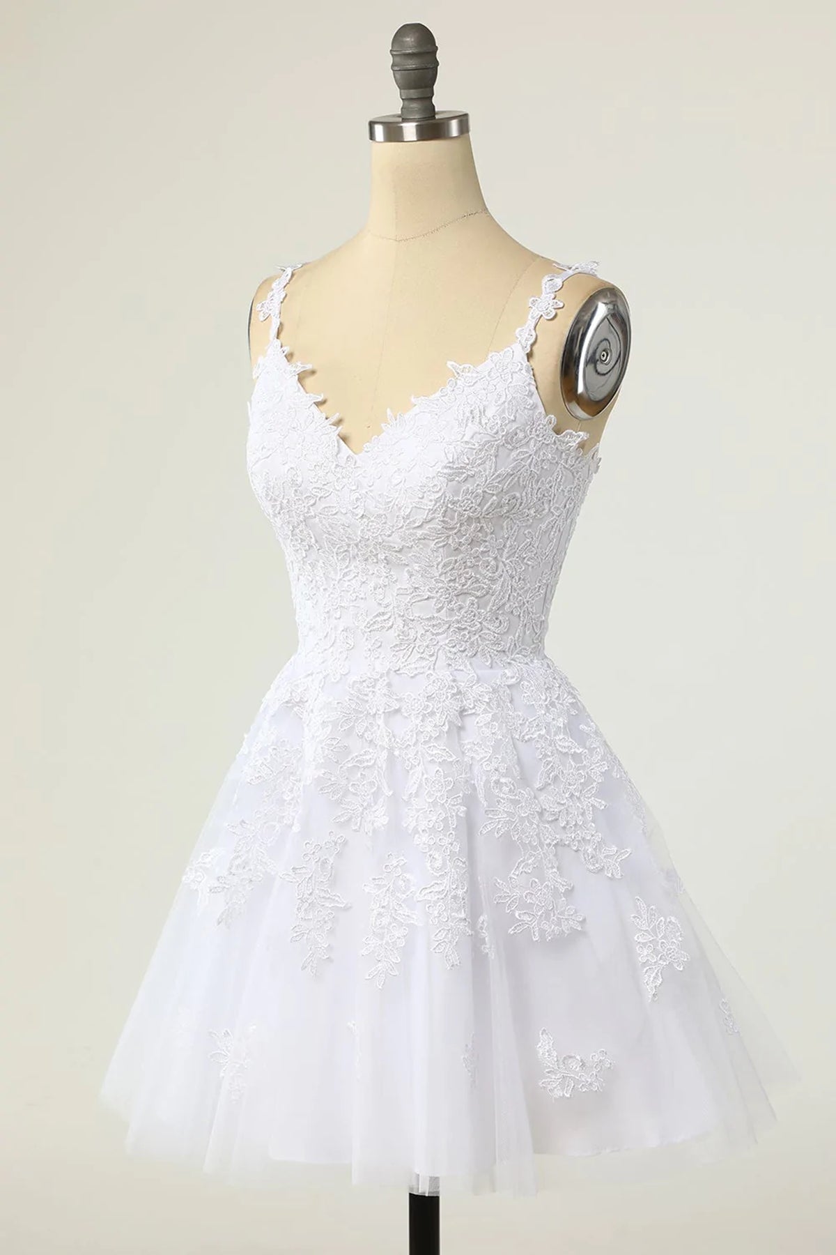 Short A-line V-neck Tulle Lace Backless Prom Dress white Homecoming Dresses - View 3 | VelvetHem