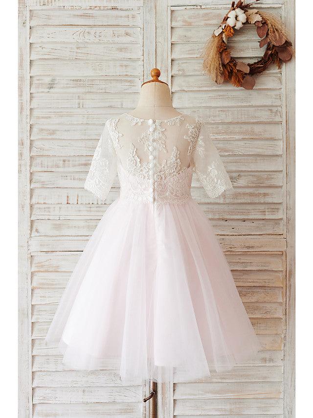 Short Ball Gown Lace Tulle Half Sleeve Jewel Neck Wedding Birthday Flower Girl Dresses - View 2 | VelvetHem