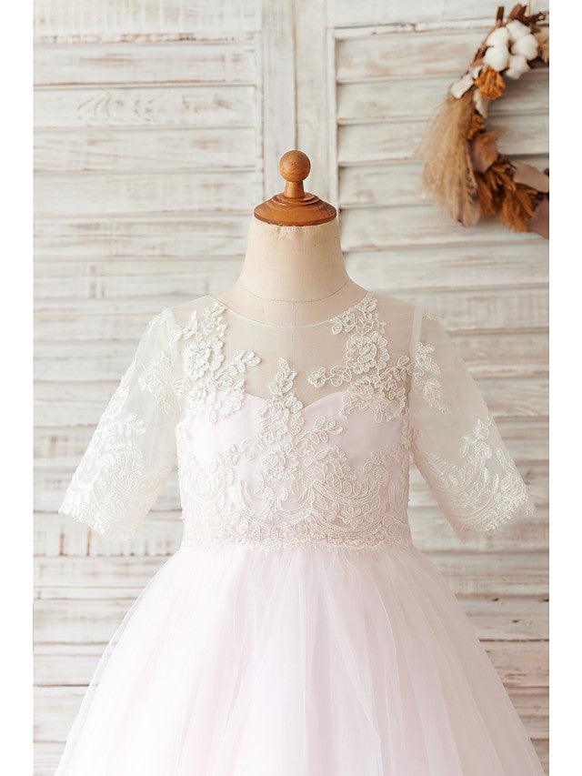 Short Ball Gown Lace Tulle Half Sleeve Jewel Neck Wedding Birthday Flower Girl Dresses - View 3 | VelvetHem