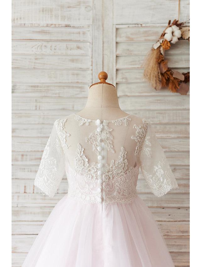Short Ball Gown Lace Tulle Half Sleeve Jewel Neck Wedding Birthday Flower Girl Dresses - View 4 | VelvetHem