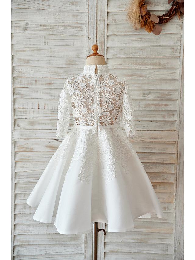 Short Ball Gown Lace Tulle High Neck Wedding Birthday Flower Girl Dresses With Sleeves - View 2 | VelvetHem