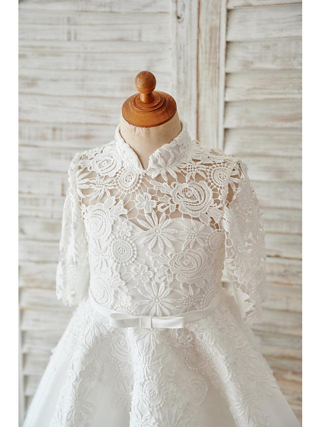 Short Ball Gown Lace Tulle High Neck Wedding Birthday Flower Girl Dresses With Sleeves - View 3 | VelvetHem