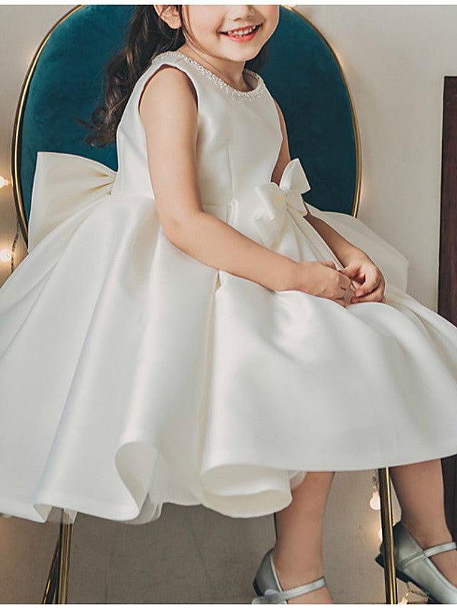 Short Ball Gown Satin Sleeveless Jewel Neck Wedding Party Flower Girl Dresses - VelvetHem